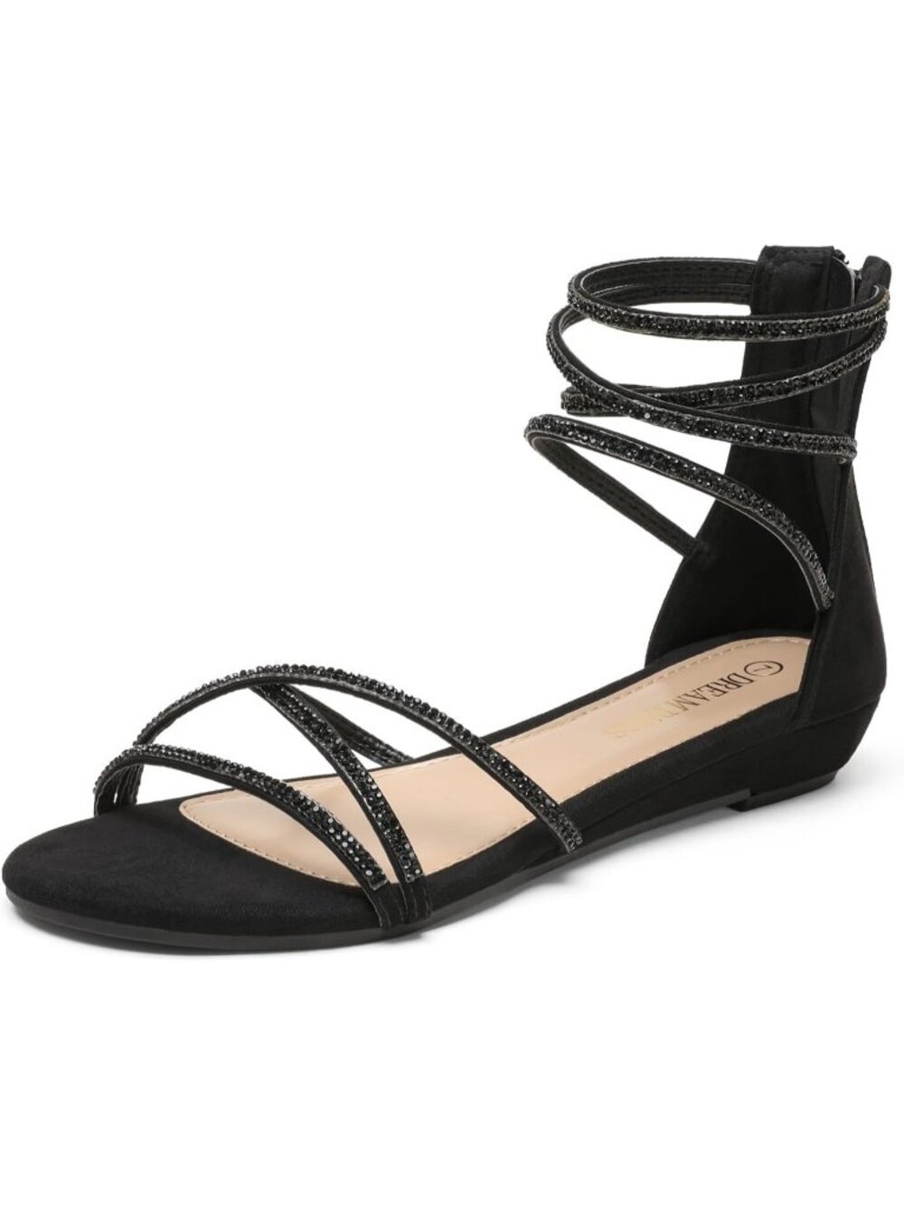 Women's Black Rhinestones Gladiator Flat Sandals Ankle Strap Comfortable Zip